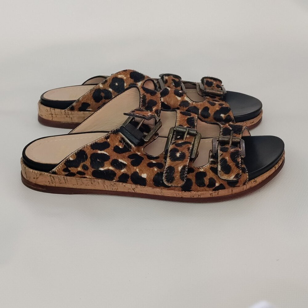 Johnson & Murphy Leopard Print Calf Hair Sandals Size 8.5 Leather 3 Buckle
